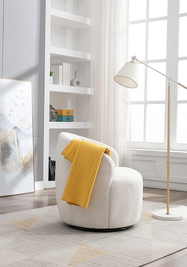 Ivory White Swivel Armchair with Metal Ring Plush Teddy Fabric Accent Chair for Bedroom Living Room