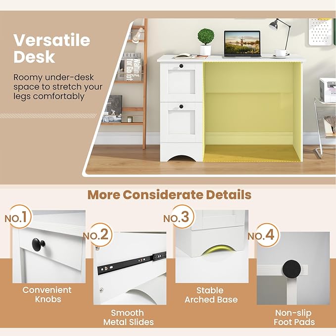 White Computer Desk 43” Desk with Drawers Home Office Desks with Power Outlet Modern Makeup Vanity Wooden Gaming Table Small Desk for Bedroom Writing Study Workstation for Teens