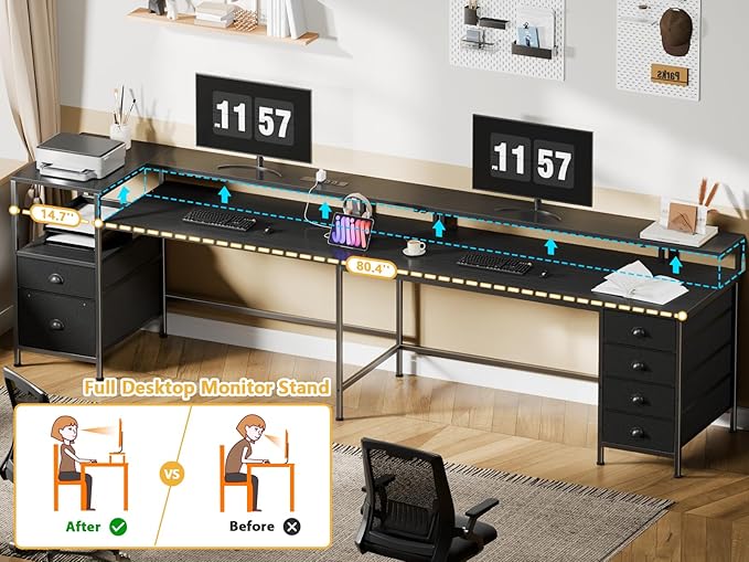 Furologee 95 Two Person Computer Gaming Desk Long 2 Person Home Office Desk with 6 Drawers &amp Storage Shelves Double Table with Power Outlets LED Lights and Full Monitor Shelf Black
