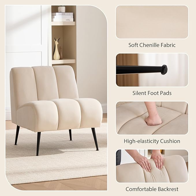 Chifee &amp Vingol Armless Accent Chair Modern Living Room Chairs Upholstered Bedroom Accent Chairs Comfy Makeup Vanity Chair Armless Chair with Metal Legs for Bedroom Office CafeBeige