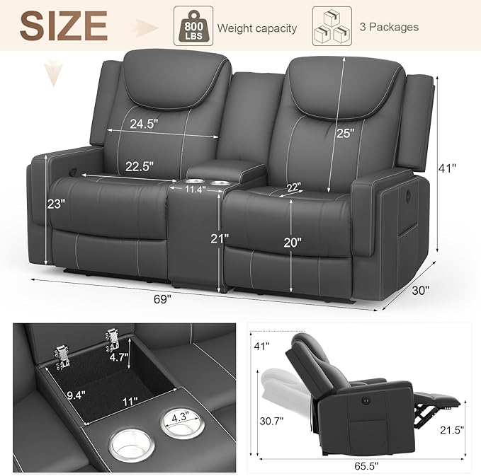 Loveseat Recliner Sofa Gray PU Leather Double Recliner Loveseat with Console Cup Holders Storage &amp USB Ports Ergonomics Manual Reclining Sofa Couch for Living Room RV