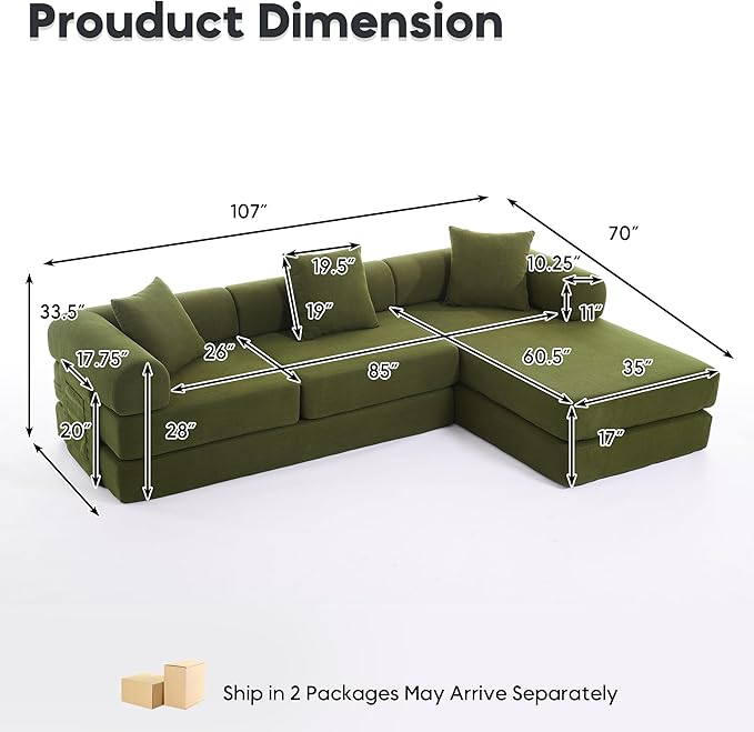 L Shaped Modular Sofa Bed with Cylindrical Pillow &amp Reversible Chaise Corduroy Folding Floor Convertible Sofa Couch Bed with Fixed-Shape Frame &amp Storage Pocket for Living Room Green