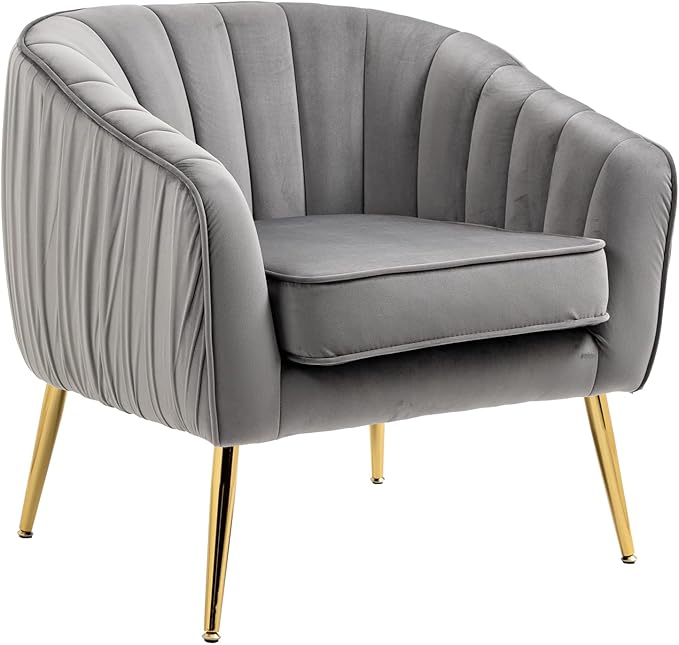 Velvet Accent Chair with Ottoman Modern Tufted Barrel Chair Ottoman Set for Living Room Bedroom Golden ed Grey