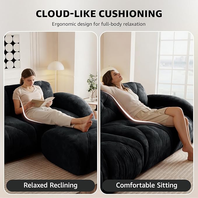 Black L-Shaped Sectional Couches for Living Room Velvet Fabric Boneless Couch No Assembly Cloud Modular Sectional Sofa with 1 Ottoman Foam Couch Compressed Sofa Set for Apartment Sofas para Sala