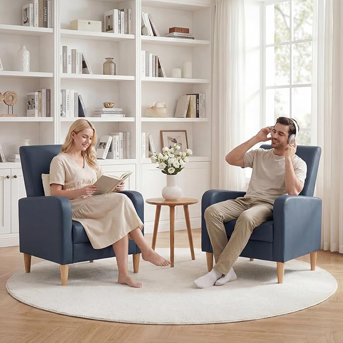 COLAMY Mid-Century Modern Upholstered Accent Chair with Back Pillow &amp Solid Wood Legs Leather Cozy Armchair for Living Room Bedroom Reading Nook Apartment &amp Small Spaces Blue