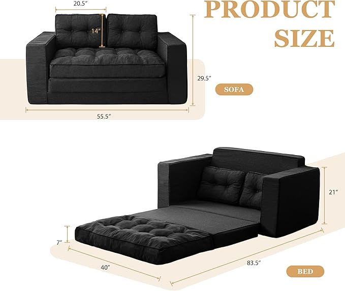 YOSHOOT Loveseat Sleeper Sofa55 Convertible Sofa Bed Couch Futon Couches for Living Room3-in-1 Pull Out Floor Couch with Backrest and Pillows Black
