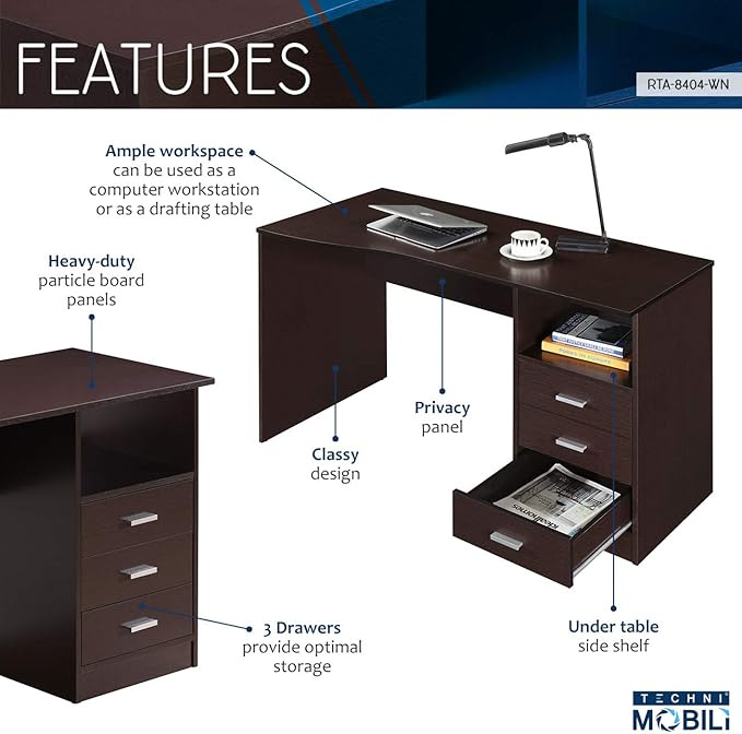Techni Mobili Classic Computer Desk with Multiple Drawers 29.5 x 23.6 x 51.2 Wenge