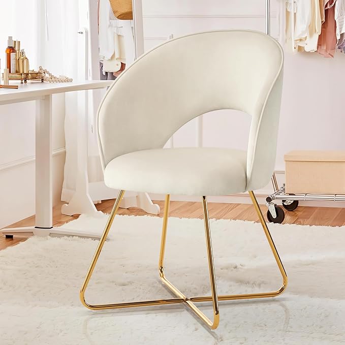 Furniliving Velvet Vanity Chair with Curved Back Upholstered Barrel Desk Chair with Gold Legs Mid Century Modern Accent Chair for Living Room Dressing Room Bedroom Khaki