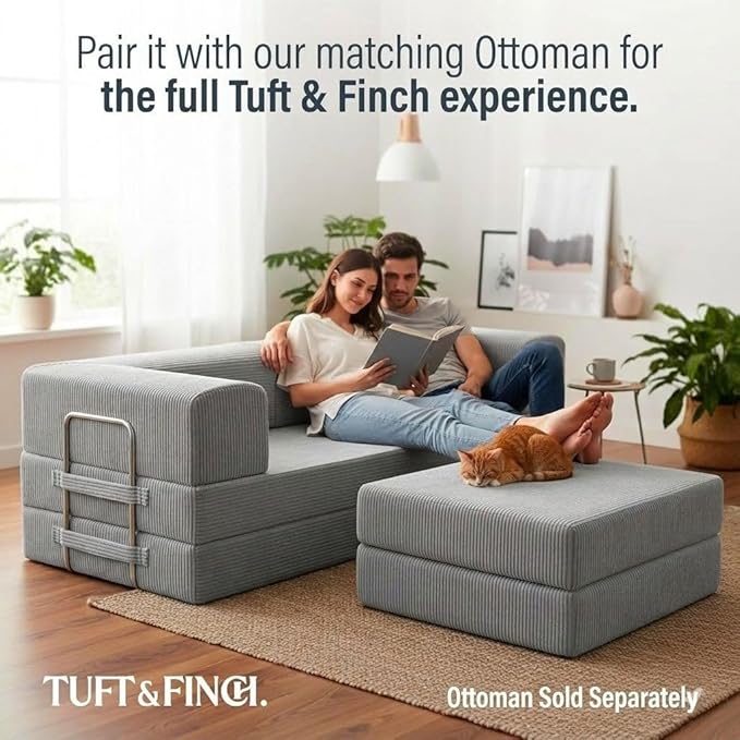 TUFT&ampFINCH 82 Folding Convertible Sofa Bed – 5 in 1 Modular Corduroy Boneless Couch for Living Room Pet-Friendly Cloud Couch Removable Washable Covers CertiPUR US Foam - Light Grey