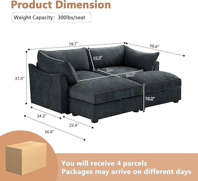Modular Sectional Sofa with Pull Out Storage Drawers 78.7 Comfy Chenille 2-Seat Sofa with 2 Storage Ottomans Upholstered Deep Loveseat Couch with 2 Armrest Pillows for Living Room Grey