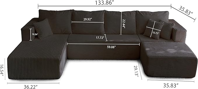 134 Black Boneless Couch with Ottoman  Sectional Couches for Living Room L Shaped Couch 4 Seat Sofa with Pearl PipingCompression Sofa for Bedroom Comfy  No Assembly Corduroy (134’‘ Black)