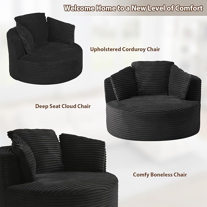 Round Chair Lounge Chaise Indoor 48.8 Oversized Sofa Chair Upholstered Corduroy Deep Seat Sleeper Sofa Bed No Assembly Required for Living Room Bedroom Apartment Black