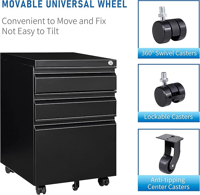 Anwick 3 Drawer Mobile File Cabinet Under Desk Fully Assembled Except Casters fits Letter/Legal/A4 Size for Home Office (Black 3-Drawer)
