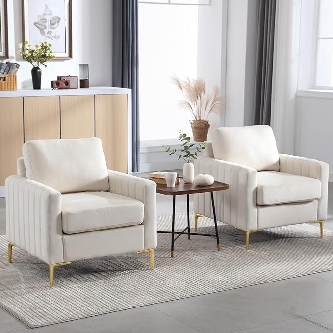 Velvet Accent Chairs Set of 2 Mid Century Modern Side Sofa Chair Comfy Upholstered Arm Chairs Living Room Set Furniture Bedroom Waiting Room Office with Gold Legs (Beige)