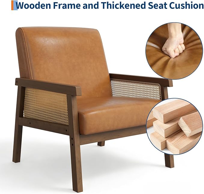 GAOMON PU Leather Accent Chair Rattan Armchair with Wooden Armrest and Legs Modern Lounge Chair for Living Room/Bedroom/Reading Room/Waiting Room Brown