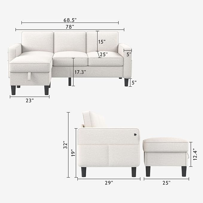 Sectional Couches for Living Room - Convertible 3 Seater L Shaped Couch with Storage Ottoman USB Charging Port - Beige Modern Linen Fabric Sofas Furniture Set for Apartment Loft Studio Small Space | U