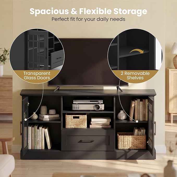 Giantex Farmhouse TV Stand for 65/70 Inch TV Tall Entertainment Center with Storage Cabinets Glass Doors Drawer Removable Shelves Media TV Console Table for Living Room Bedroom (Black)