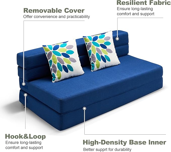 ARTPLAN Convertible Folding Sofa Bed High-Density Memory Foam Sofa with a Fluffy Pillow Modern Futon Floor Couch Guest Twin Bed for Living Room/Dorm/Guest Use/Home Office/ApartmentDark Blue