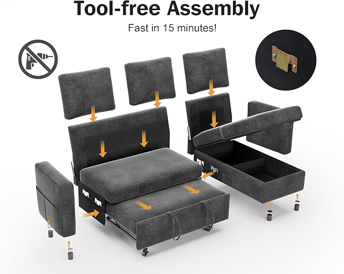 Vipbear 82 Sectional Sleeper Sofa with Pull Out Bed L Shaped Couch Sleeper Sofa Bed Pull Out Couch with Reclining Backrest Reversible Storage Chaise USB Ports Tool-Free Assembly Chenille Grey
