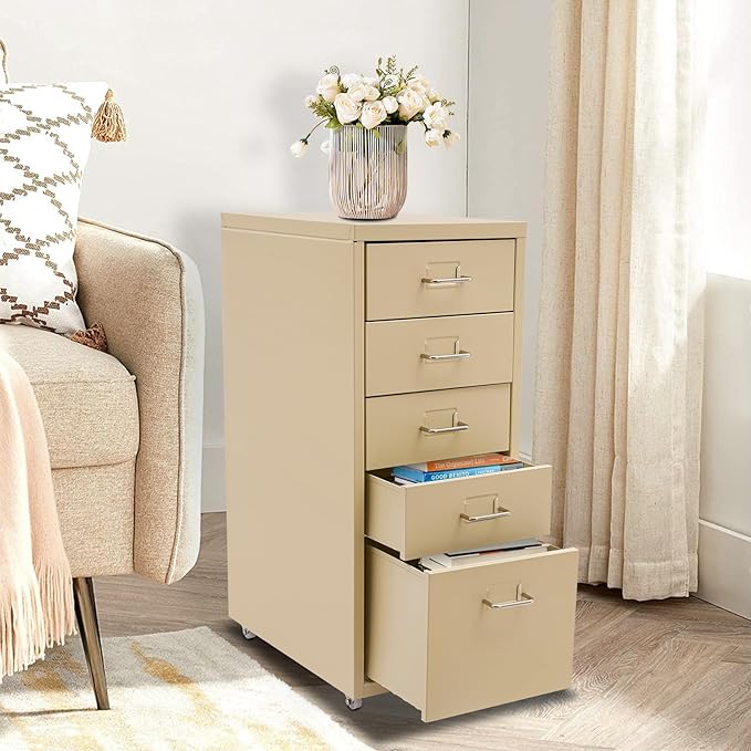5-Drawer Storage Cabinet with Wheels Metal File Storage Organizer with 4 Small &amp 1 Large Drawers Mobile Vertical Filing Cabinet for Home Office Craft Room Bedroom 11x16.1x27.1in (Beige)