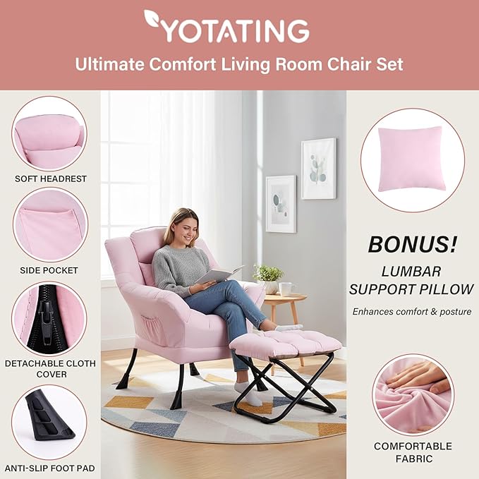 Lazy Chair with Ottoman Modern Accent Leisure Sofa Chair with Footrest Stool &amp Throw Pillow Modern Lounge Chair with Armrests for Living Room Pink