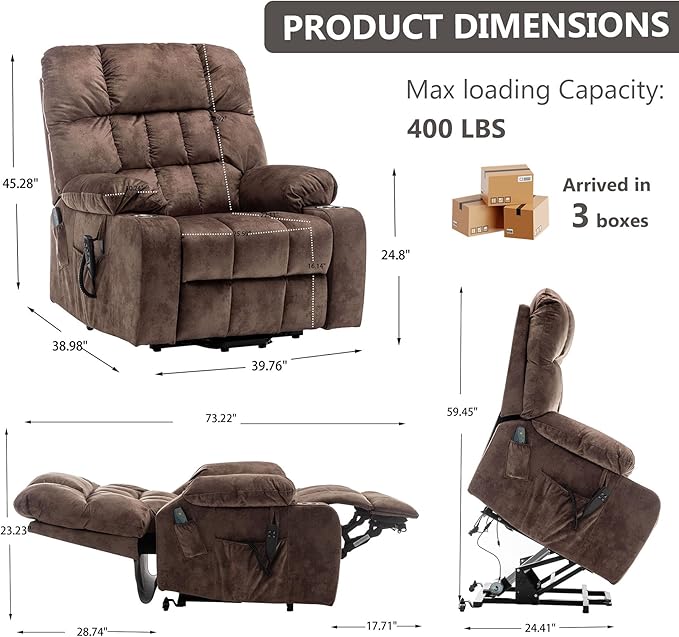 Oversized Power Lift Recliner Chair for Adult Elderly Dual Motor Lay Flat Electric Recliner with Massage &amp Heat 25.5 Wide Seat Big Tall Recliners for Living Room Velvet Brown
