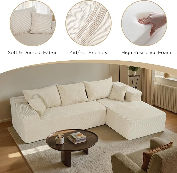 103” Cloud Sectional Couch with L-Shape ChaiseModern Modular Sofa with Deep Seat Upholstered Couches for Living Room BedroomNo Assembly Required Beige (Right Facing Chaise)