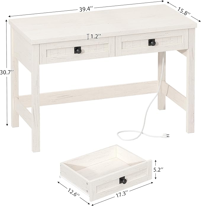 Farmhouse Computer Desk with 2 Drawers 39 Inch Small Office Computer Desk with Power Outlets Compact Writing Study Vanity Desk for Small Spaces White