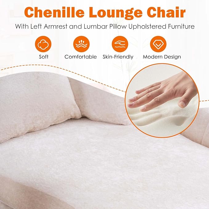 Chaise Lounge Chair Indoor Chenille Upholstered Chair with Left Armrest &amp Pillow Modern Lounge Chairs Sofa with Footstool for Living Room Bedroom Office (Beige)