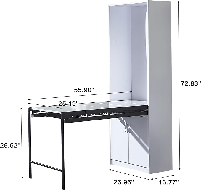 Large Fold Out Convertible Writing Table in Home for Space Saving Multi Function Home Office Workstation Murphy Desk with Large Storage AreaWhite