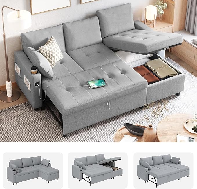 Esright 84'' Sleeper Sofa Bed L Shaped Sectional Convertible Pull Out Couch with Storage Chaise for Living Room 3 in 1 Sleeper Sofa Couch with Pullout Bed USB Cup Holder Side Pocket(Light Gray)