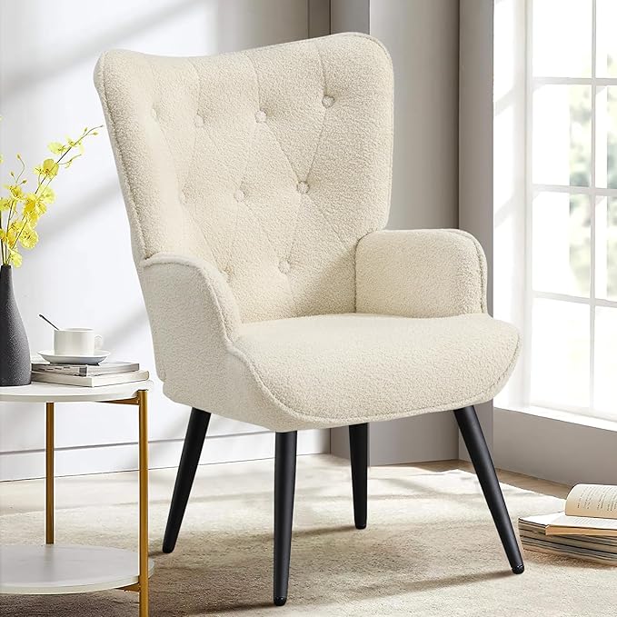 Furniliving Boucle Accent Chair for Living Room Upholstered Reading Chair with High Backrest Tufted-Button Wingback Armchair for Bedroom Dressing Room Home Office Ivory White