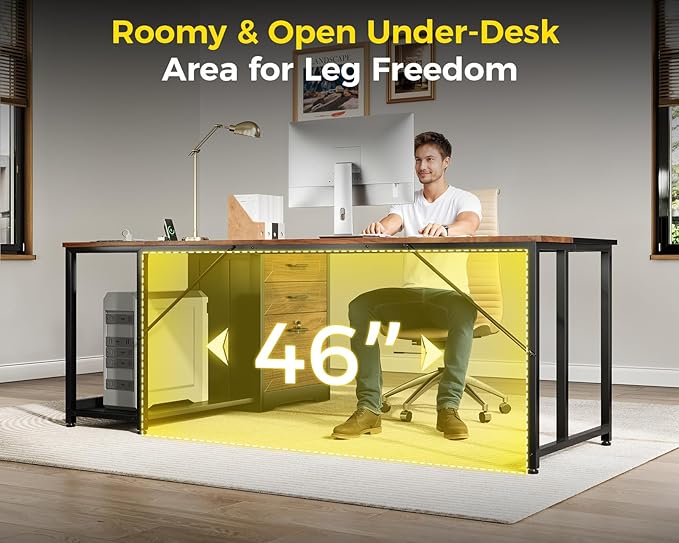 AODK 61 L Shaped Office Desk with Wood Drawers &amp Lockable File Cabinet Reversible 21.7 D Corner Computer Desk with Built-in Power Outlets Executive Desk for Home Office Walnut