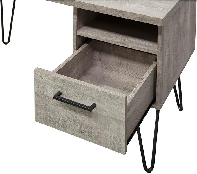 Grey Oak Writing Desk with Storage Home Office Compact Desk Modern Minimalist Gray Wash Wooden and Metal Frame