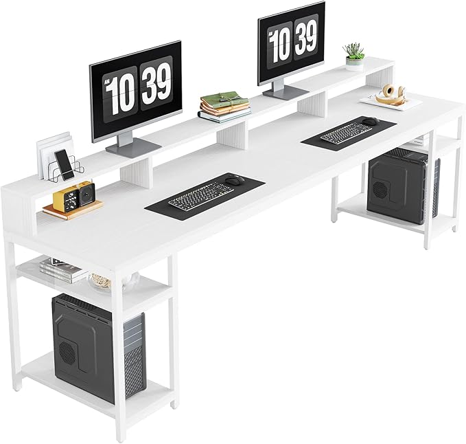 Tribesigns 78.74 Inches Extra Long Two-Person Desk Double Computer Desk with Monitor Stand and Storage Shelves Study Work Table for Home Office (White)