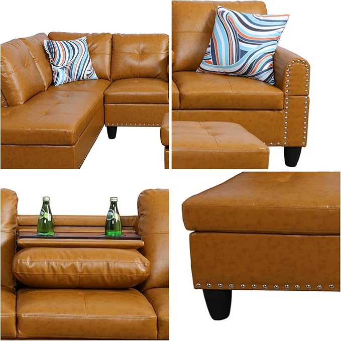 L Shaped Sectional Couches Convertible Lounge Leather Couch with Reversible Cup Holder Nail-Head Design Modern Modular Sectional Sofa for Living Room Furniture Sets Orange B
