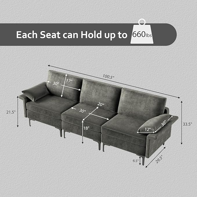 Giantex 3-Seat Sectional Sofa Couch 100.5 L Convertible Sleeper with USB Port &amp Outlet Armrest Cushion Modern Fabric Upholstered Modular Sofa for Living Room Apartment Dorm Reception Room