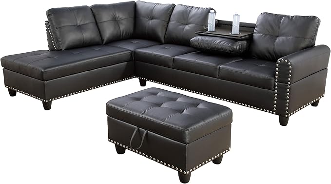EMKK L Shaped Sectional Sofa Set with Storage Ottoman Reversible Back Cushion w/Cupholders Wide Convertible Upholstered Couch Living Room Furniture 2 Cup HoldersDeep Seat Sleeper Corner Sofa&ampCo