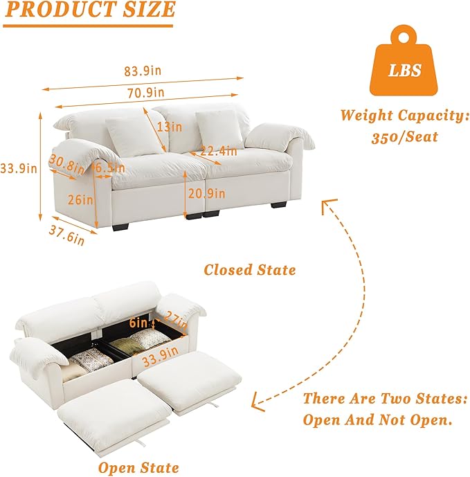84 Small Loveseat Sofa Couch Upholstered 2-Seat Sofa with 2 Pillows Cloud Sofas with Storage Seat Velvet Comfortable Deep Couch for Living Room Small Space Apartment Removable Cover White