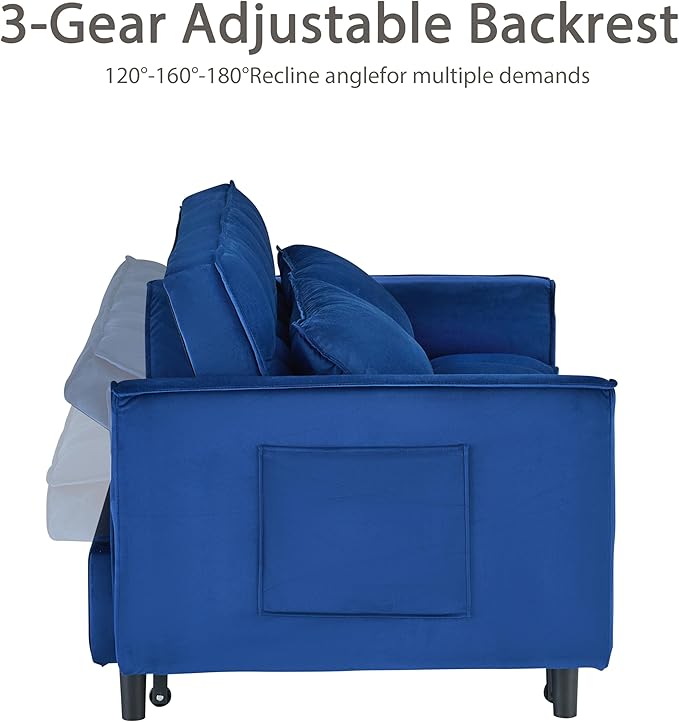 55 Sleeper Loveseat3 in 1 Sofa BedPull Out Couch Bed with 2 Pillows and Side PocketsVelvet Convertible Bed for Small Spaces Living Room (Blue)