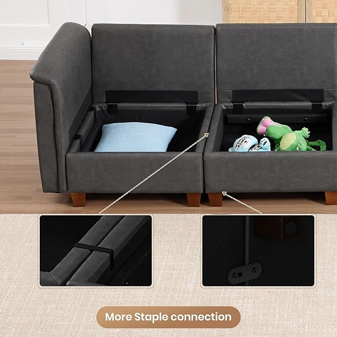 U Shaped Modular Sectional Sofa Cloud Couch with Storage Faux Leather Sectional Couch for Living Room Furniture Apartment(5 Seats Black)