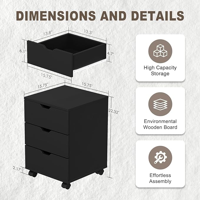 3 Drawer File Cabinet for Home Office 3-Drawer Vertical Filing Cabinet Rolling Wood Mobile File Cabinets Under Desk for Home Office with Casters (Black)