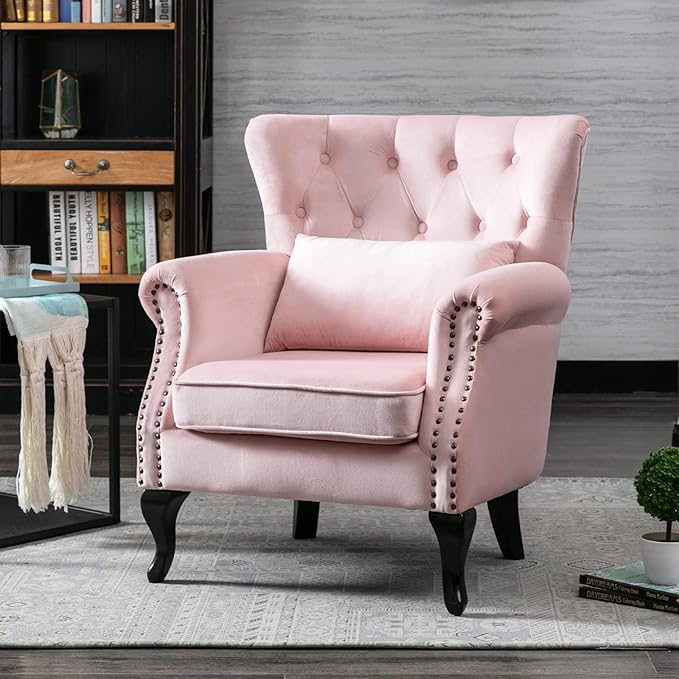 chairus Mid-Century Modern Accent Chair Comfy Tufted Single Sofa Chair Wingback Armchair with Pillow for Club Living Room Bedroom - Velvet Pink
