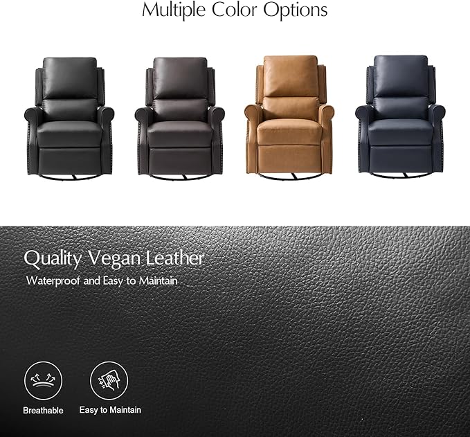 HULALA HOME Faux Leather Swivel Rocker Recliner with Adjustable Backrest and Footrest Push Back Recliner Chair with Nailhead Trim 360° Swivel Glider Rocking Chair for Living Room Bedroom Black