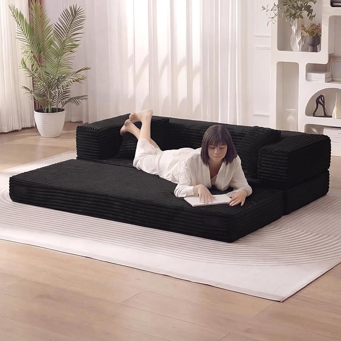 GNIXUU 78.7 Boneless Convertible Sleeper Sofa Bed 4-in-1 Folding Corduroy Futon Couch Bed Oversized Loveseat Modular Floor Mattress Couch for Living Room Bedroom Lounge No Assembly Black