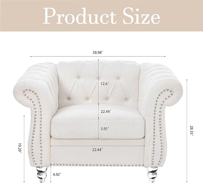 Oversized Chesterfield Chair Upholstered Accent Chair with Tufted Back Club Chair for Living Room Bedroom Gothic Victorian (White-p)