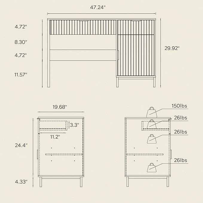 47 Home Office Desk with Fluted Drawers Wood Exectuive Desk with Storage Cabinet Charging Station Metal Legs Modern Farmhouse Computer Desk for Work Study Light Oak