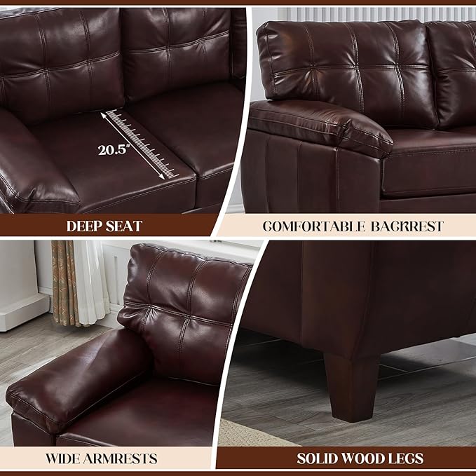 59W Faux Leather Sofa Loveseat Couch with Hidden Storage &amp Tufted Backrest Upholstered Mid Century Modern Couch Deep Seat Comfy Chesterfield Sofa for Livingroom Bedroom Office(2 Seater Burgu