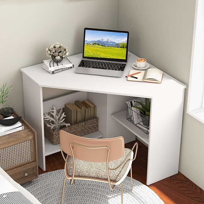 HOMGX Corner Computer Desk Triangle Desk with Storage Shelves Small Corner Desk for Small Spaces Corner Vanity Desk for Home Bedroom Living Room Office (White)