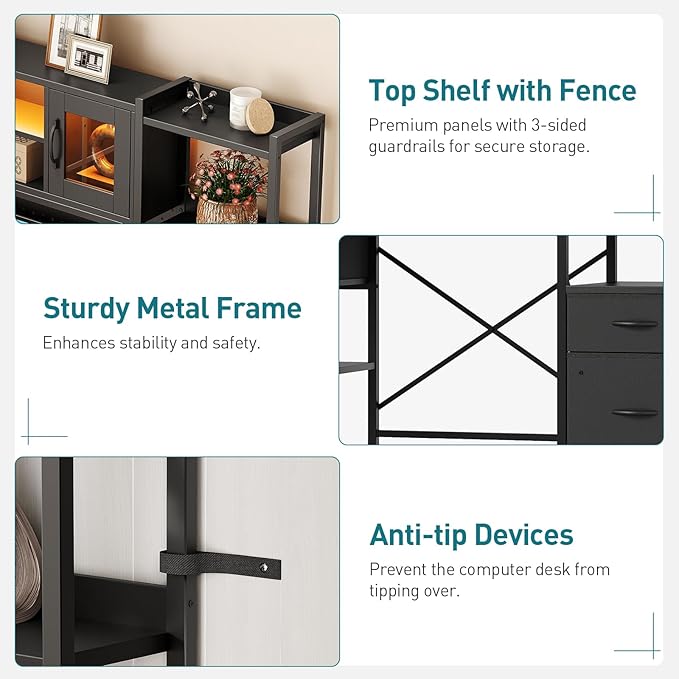 Gaming Desk with Hutch Led Computer Desk with Storage Shelves File Cabinet Gamer Desk with Drawers Pegboard Power Outlet LED Light Workstation for Home Office Black Desk with Hutch